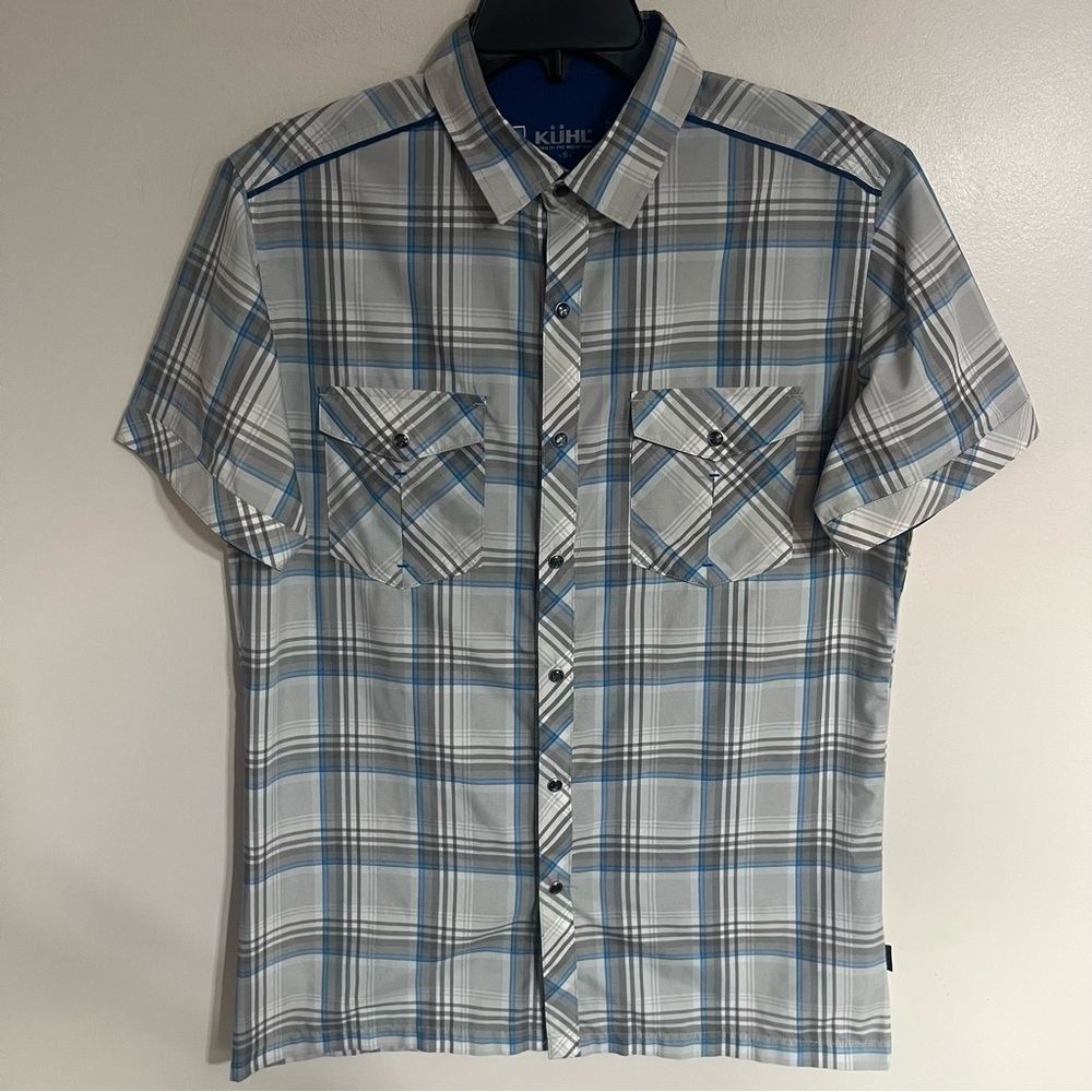 KUHL Pearl Snap Polyester Eluxor Shirt Mens Small Gray Blue Plaid Short Sleeve‎